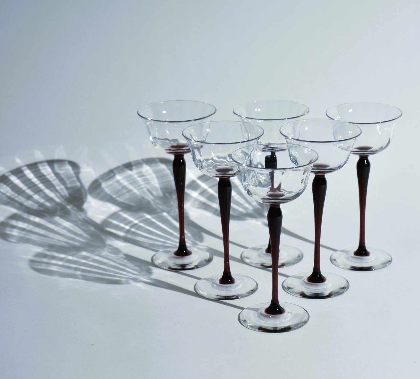 Set of 6 Steuben Rib Optic/Amethyst Crystal Goblets. Unknown Pattern. FINE.