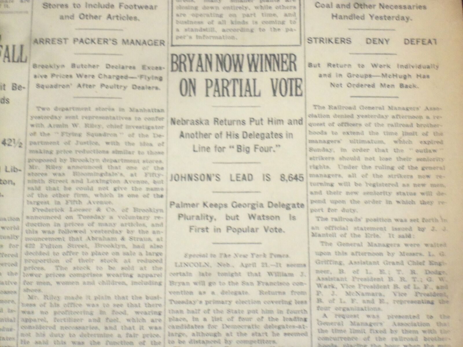 1920 APRIL 22 NEW YORK TIMES - BRYAN WINNER ON PARTIAL VOTE - NT 8297