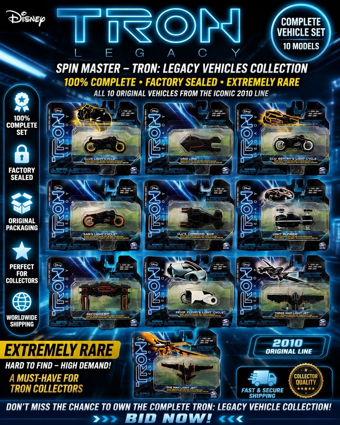 Disney TRON Legacy Complete Vehicle Set 10/10 Spin Master Factory Sealed Rare