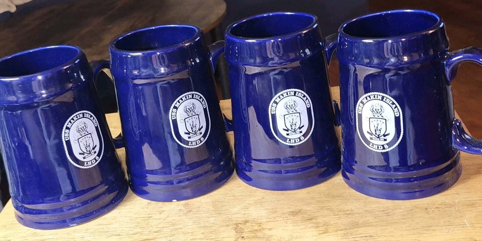 USS Makin Island LHD 8 Cobalt Blue Ceramic Beer Stein Mugs Set of 4 Navy