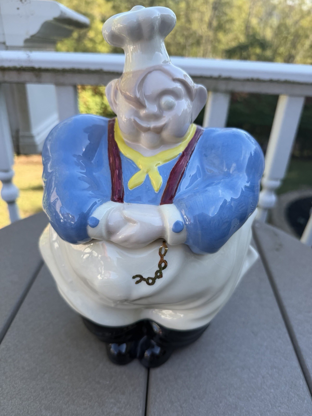 Vintage  Chef Pierre Cookie Jar USA  Plump Chef Gold Chain To Thermometer