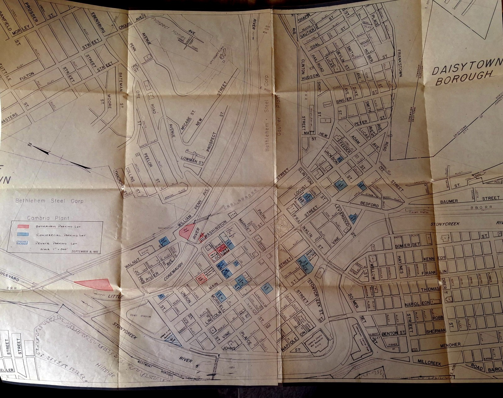 1955 BETHLEHEM STEEL CAMBRIA PLANT JOHNSTOWN PA DOWNTOWN MAP Parking Lots