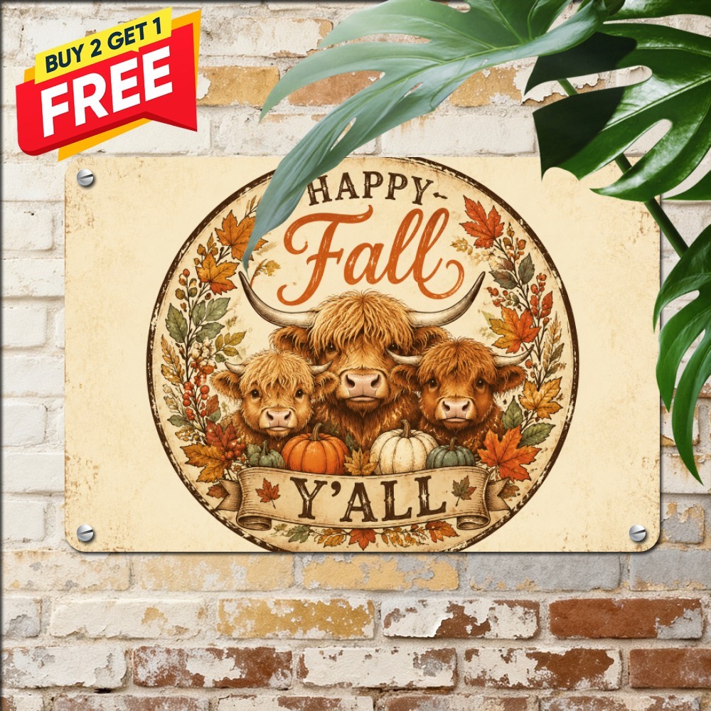 Highland Cow Floral Headband Welcome Farmhouse Metal Wall Plaque Tin Sign