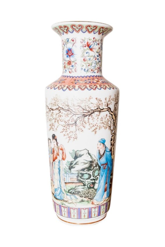 Vintage Chinese Famille Rose Bangchuiping Rouleau Porcelain Vase Marked 13in