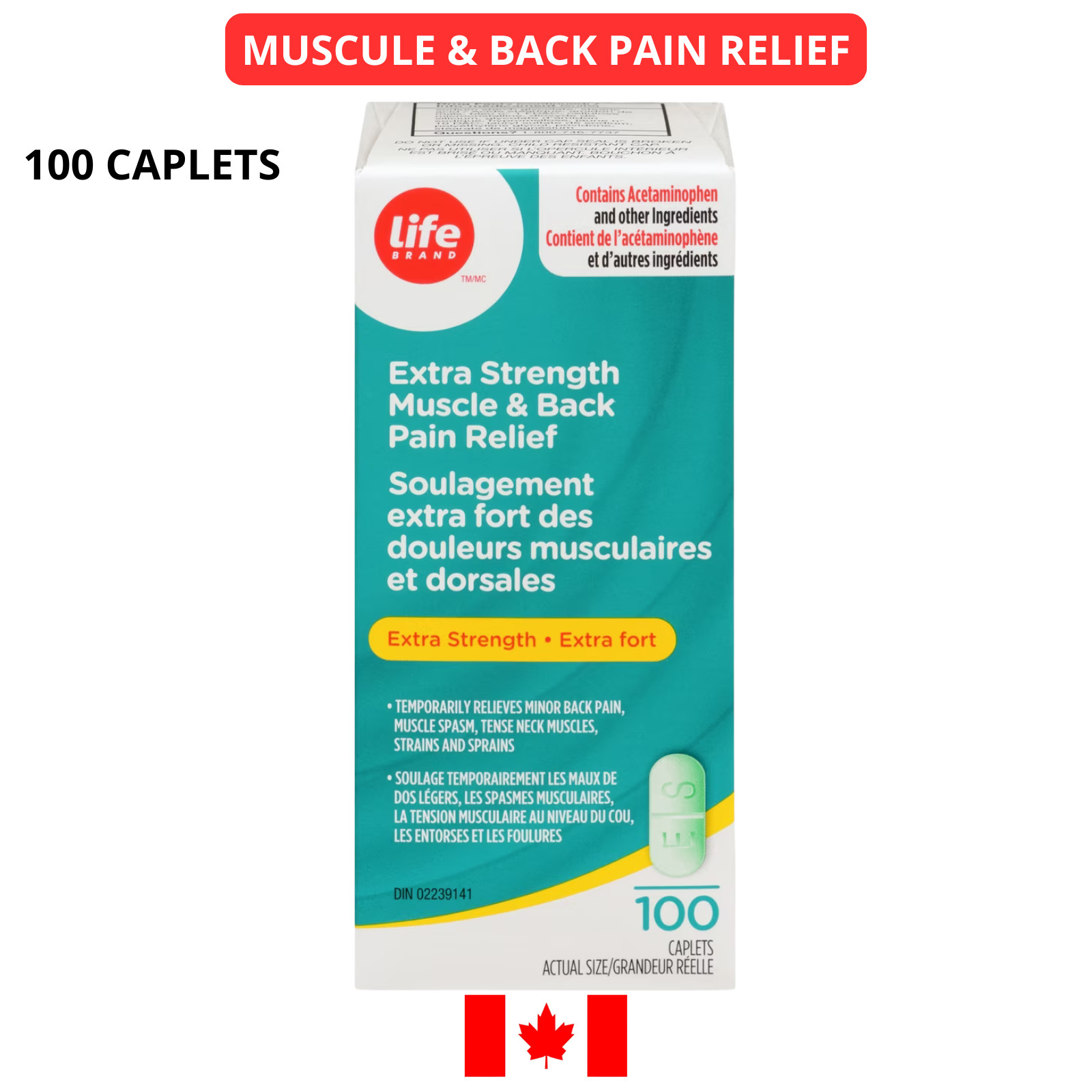 Extra Strength Muscle & Back Pain Relief LIFE BRAND 100 Caplets Long Expiry Date