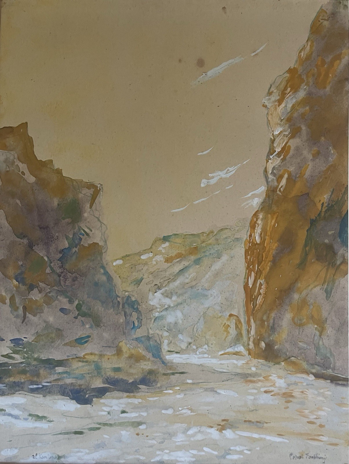 El Kantara Algeria, Gorges Signed Fortuny - Orientalist Gouache - 20th Framed El Kantara Algeria, Gorges Signed Fortuny - Orientalist Gouache - 20th Framed