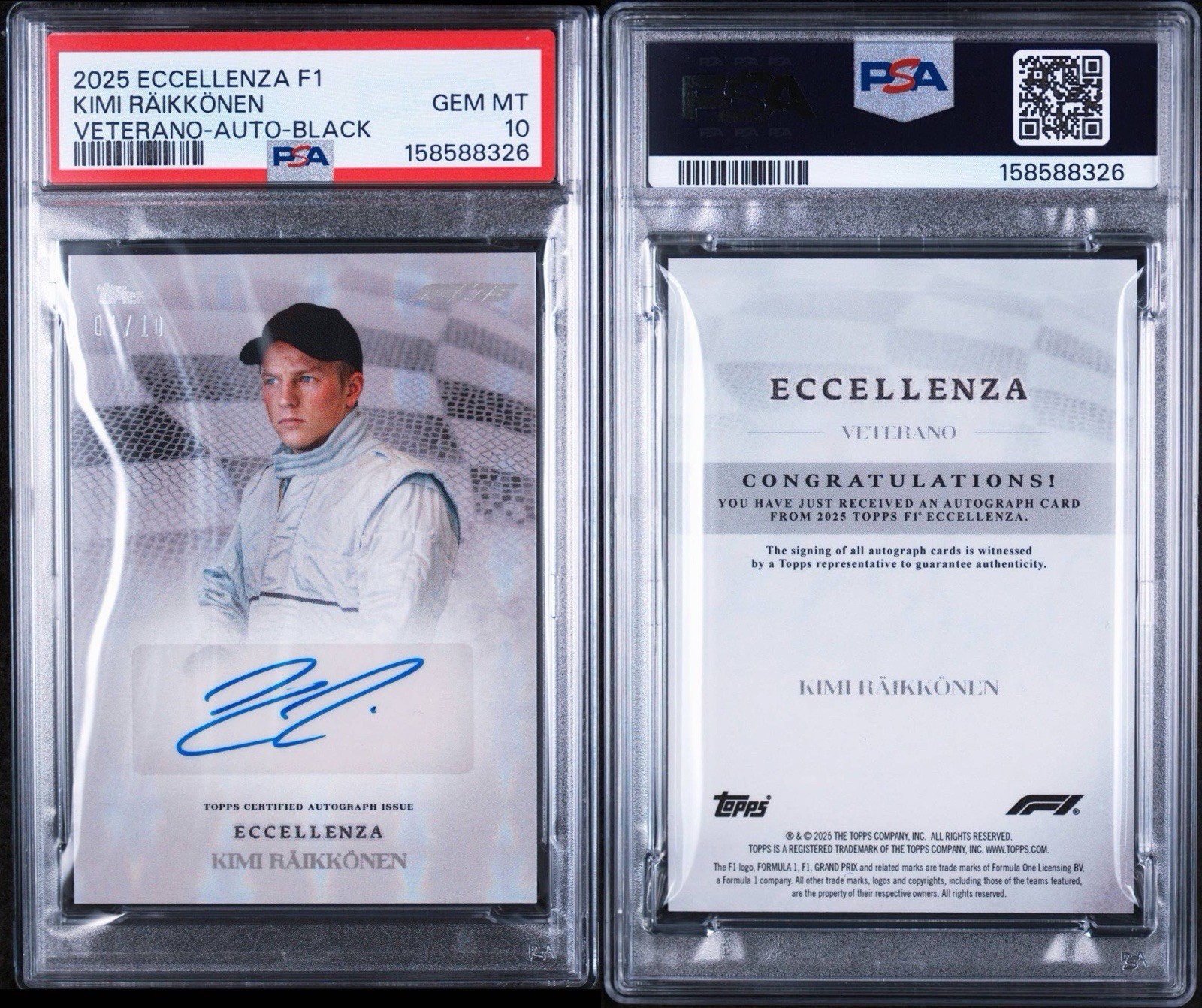 Topps 2025 F1 Eccellenza Kimi Raikkonen Veterano Black Auto 1/10 PSA 10 Pop 1 💎