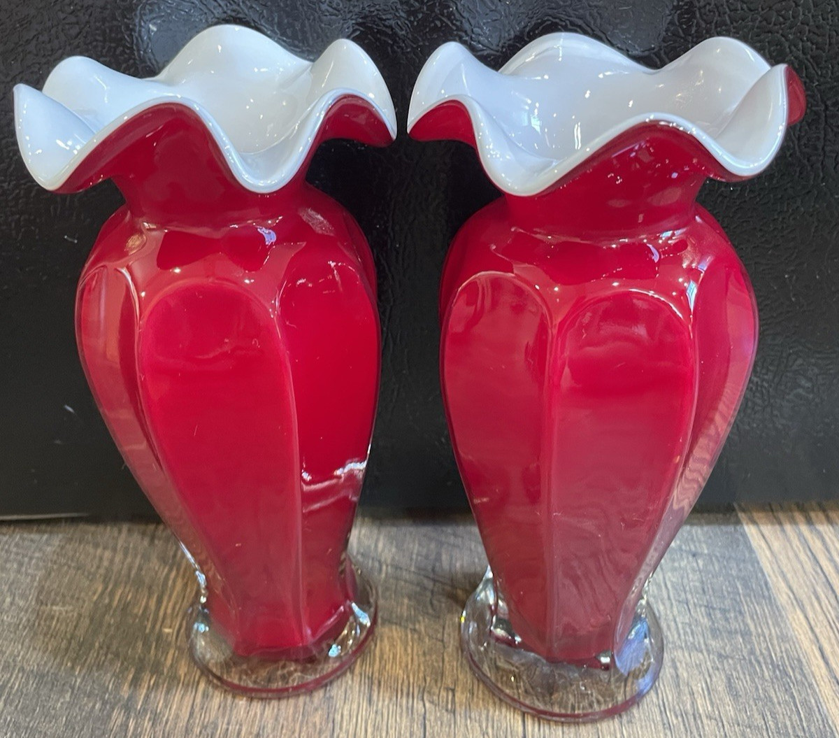 2 Vases RUBY RED White CASED Ruffled FLUTED Scalloped 7 1/2\