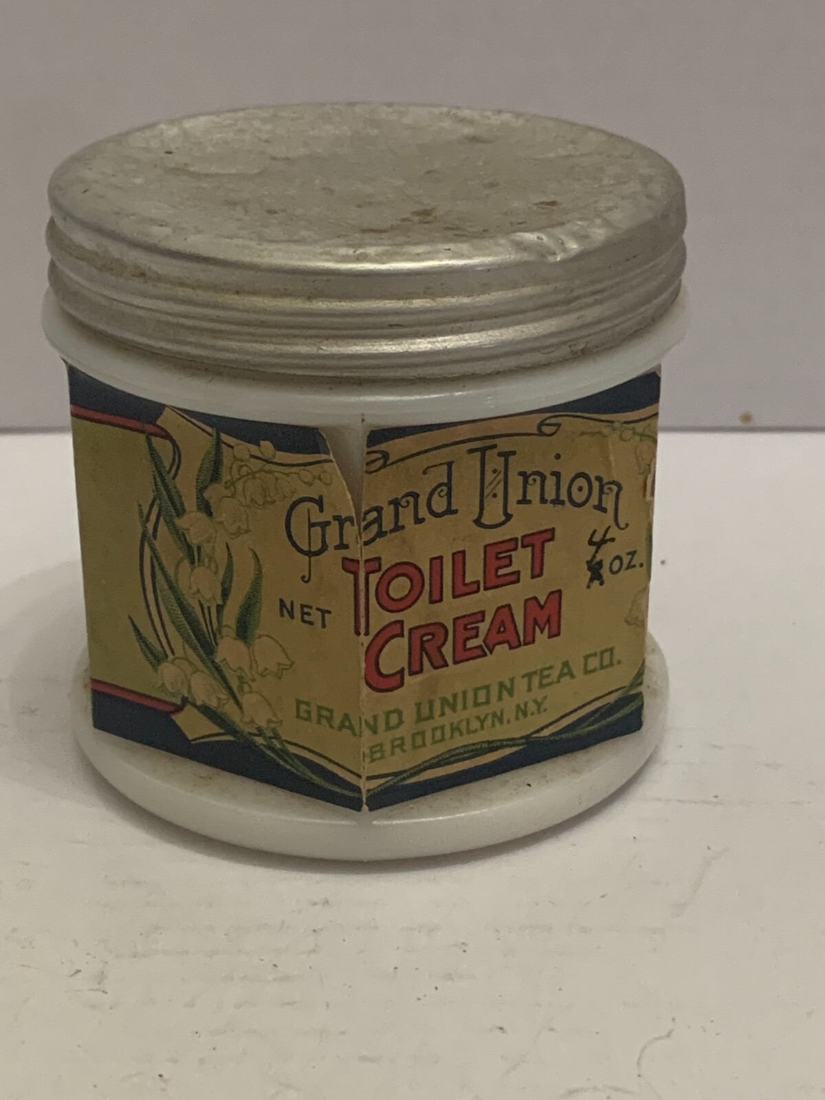Antique Grand Union Toilet Cream Milk Glass Jar Grand Union Tea Co. Brooklyn N.Y