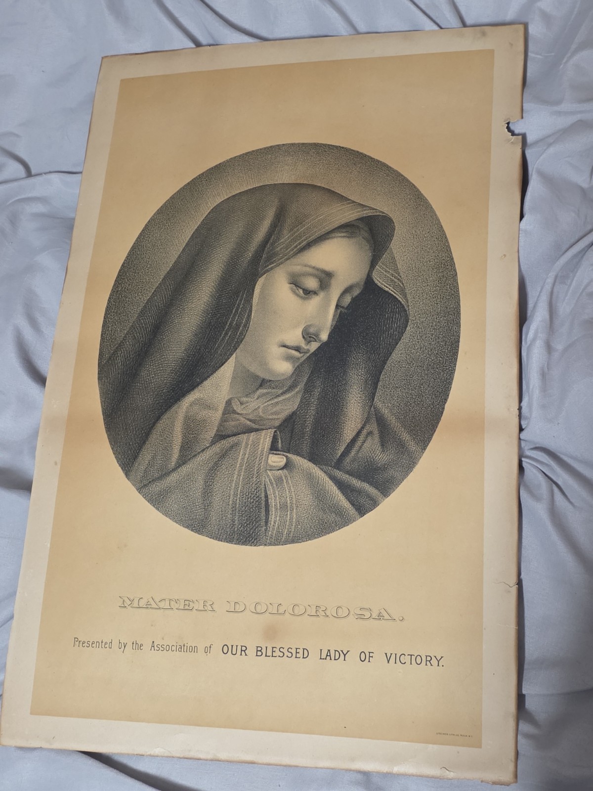 Antique Mater Dolorosa Catholic Lithograph Stecher Lith Co Rochester NY 20x12.5