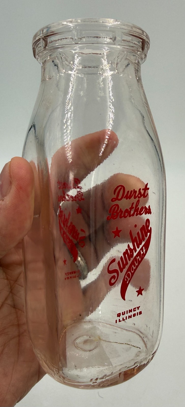 Vintage Durst Brothers Sunshine Dairy Half Pint Milk Bottle Quincy Illinois