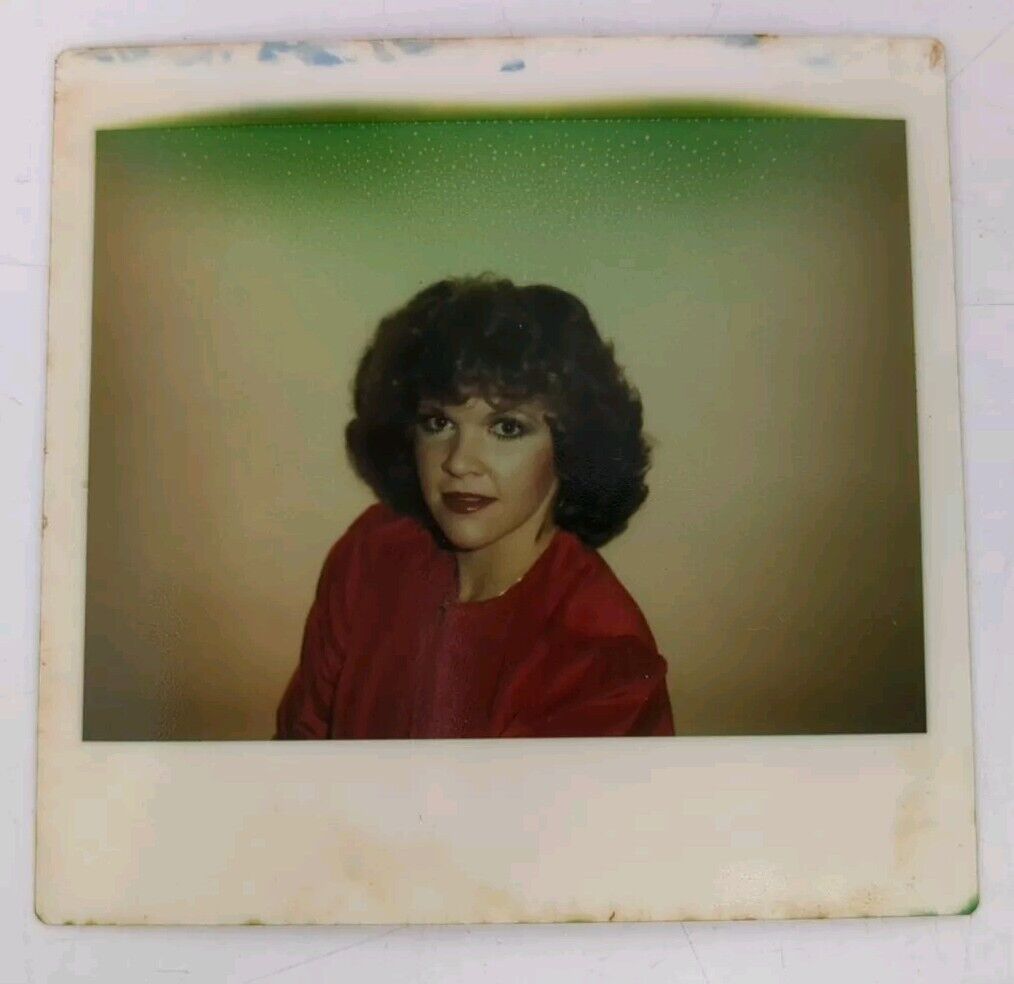 Vintage 1980s Polaroid Photo Pretty Lady Curly Hair Red Dress Odd Found Snapshot