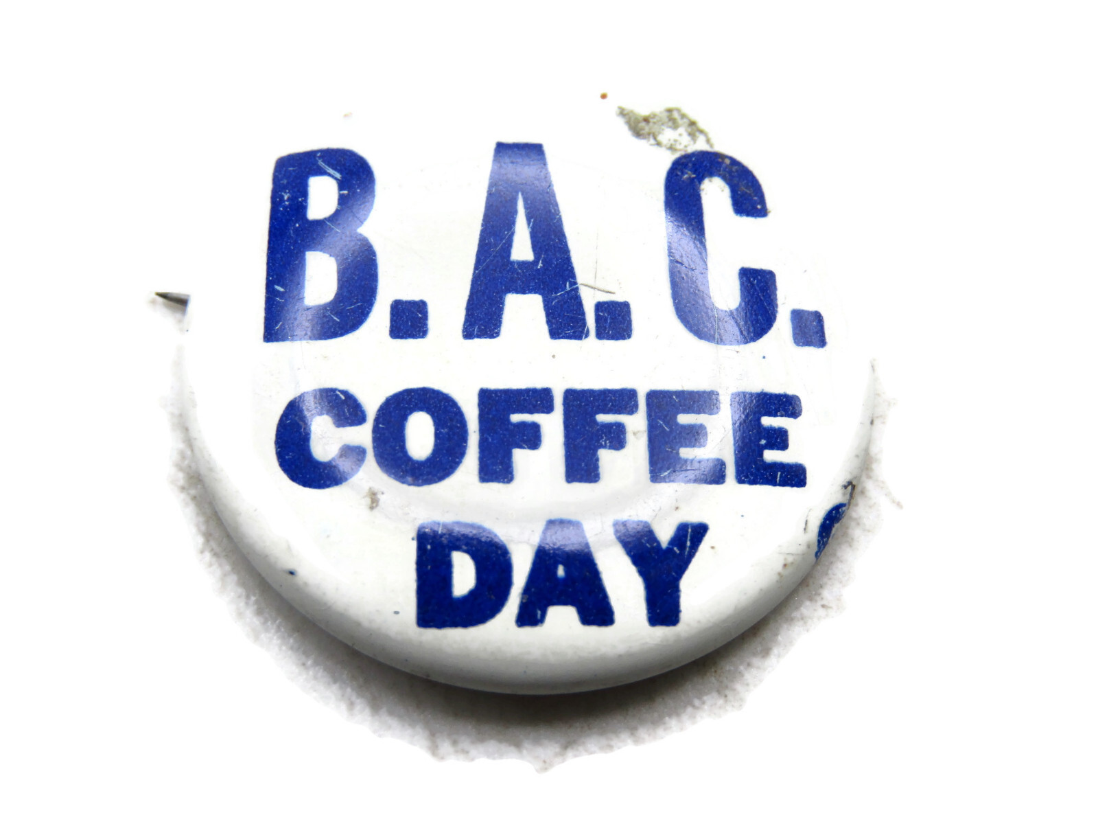 Vintage B.A.C. Coffee Day Pinback Button Blue White Advertising Promotional Pin