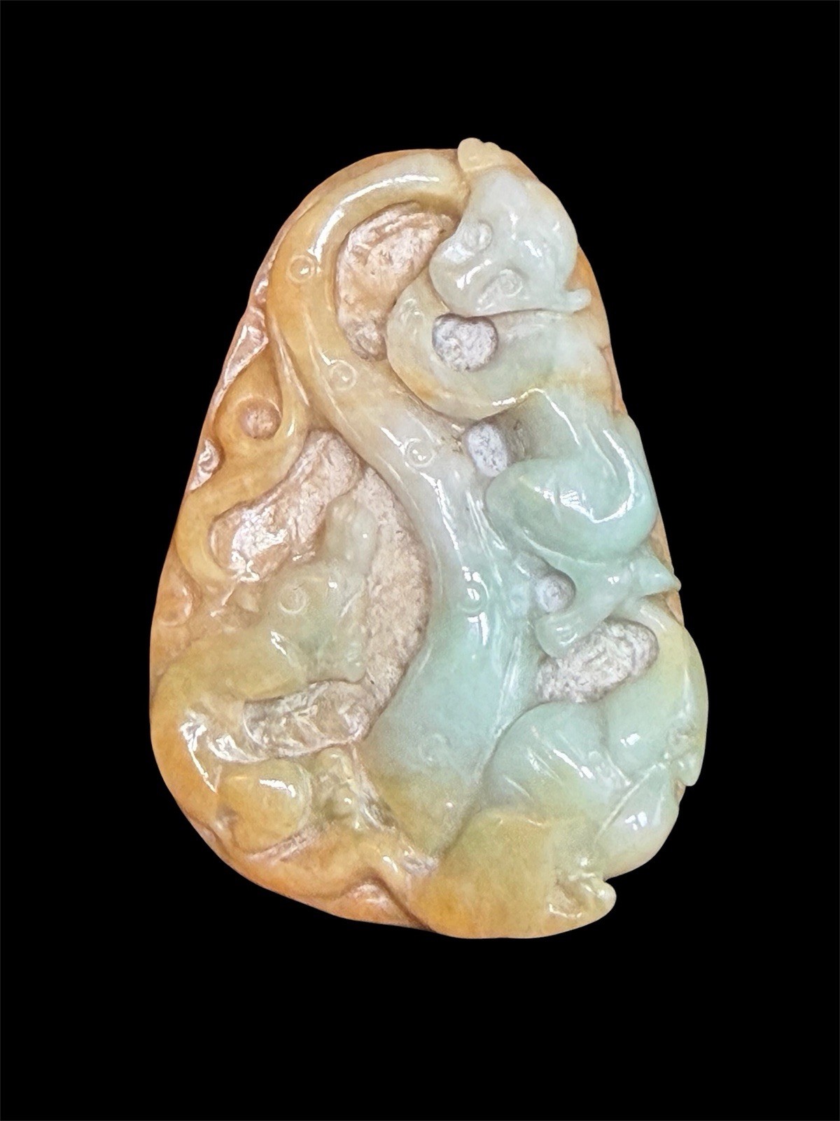 Vintage 2 3/4” Chinese Carved Jadeite Pendant Green & Russet Honey Jade Monkey Vintage 2 3/4” Chinese Carved Jadeite Pendant Green & Russet Honey Jade Monkey