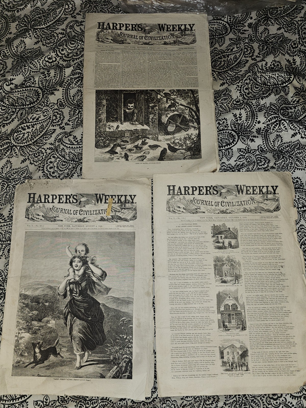 Lot 3 Vintage 1866 Harper's Weekly Newspapers Full  Civil War Era Reconstruction