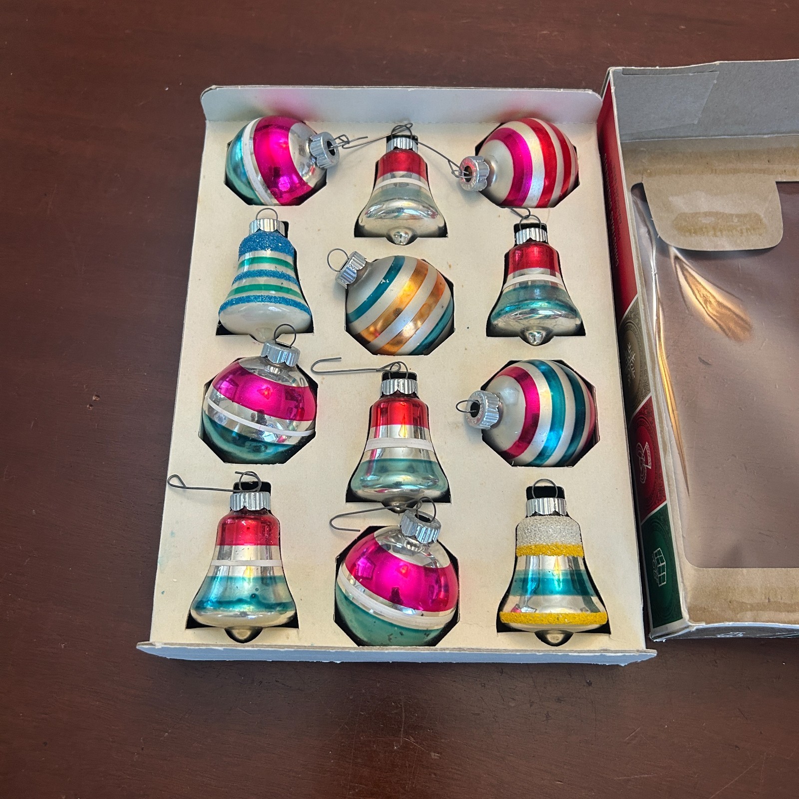 Vtg 40s Shiny Brite Set 12 Glass Ornaments Striped Balls Bells Ribbed Metal Tops