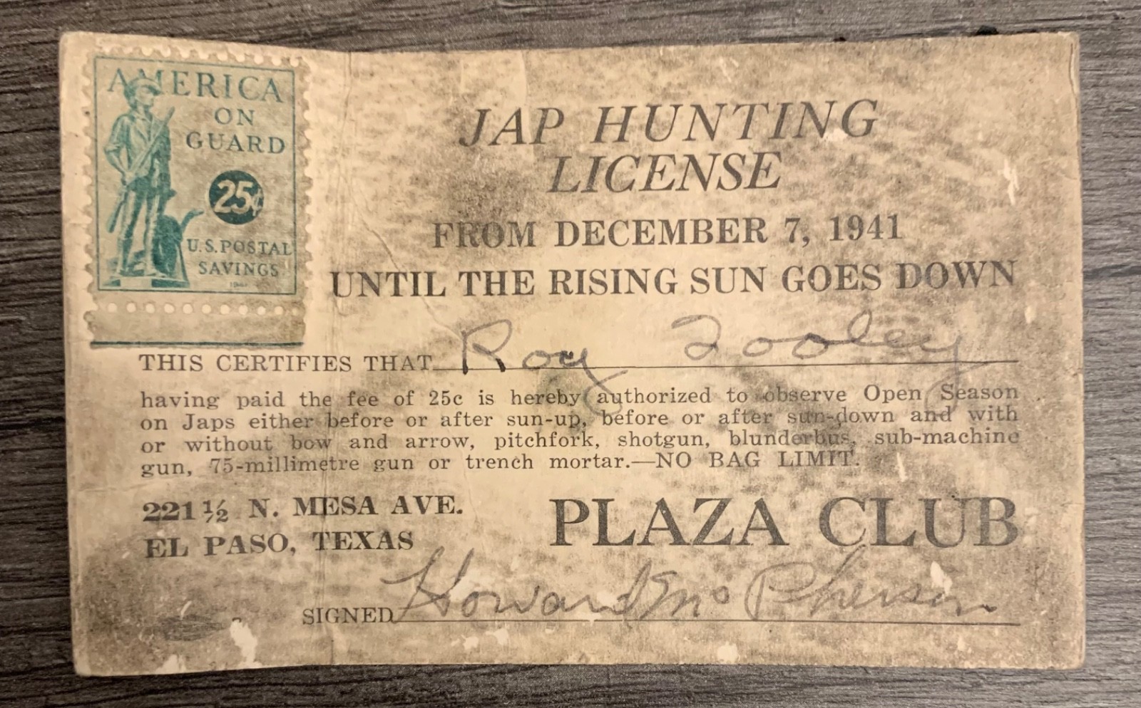 Rare Anti Japanese Jap Hunting License WWII Memorabilia PLAZA CLUB El Paso Texas