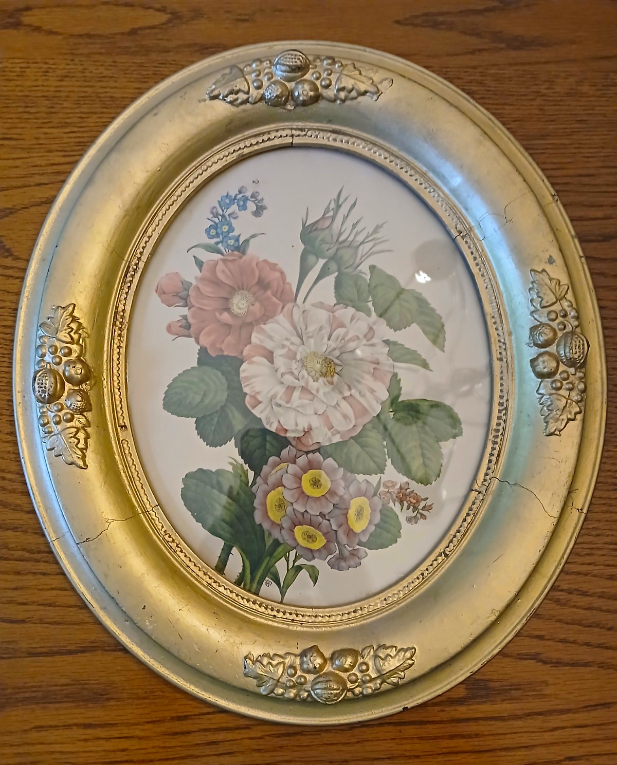 Vintage Ornate Gold Tone Oval Gesso Framed Floral Print