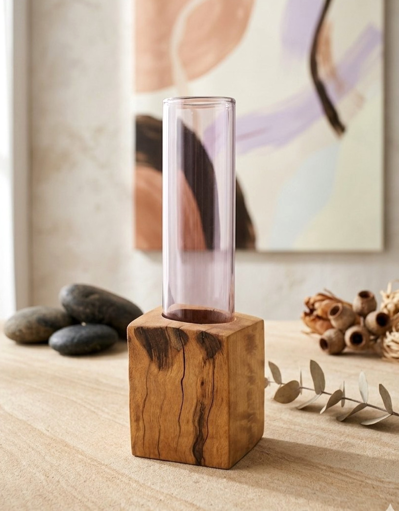 Wood Glass Bud Vase Cylinder Tube Modern Minimalist Handmade Signed Decor