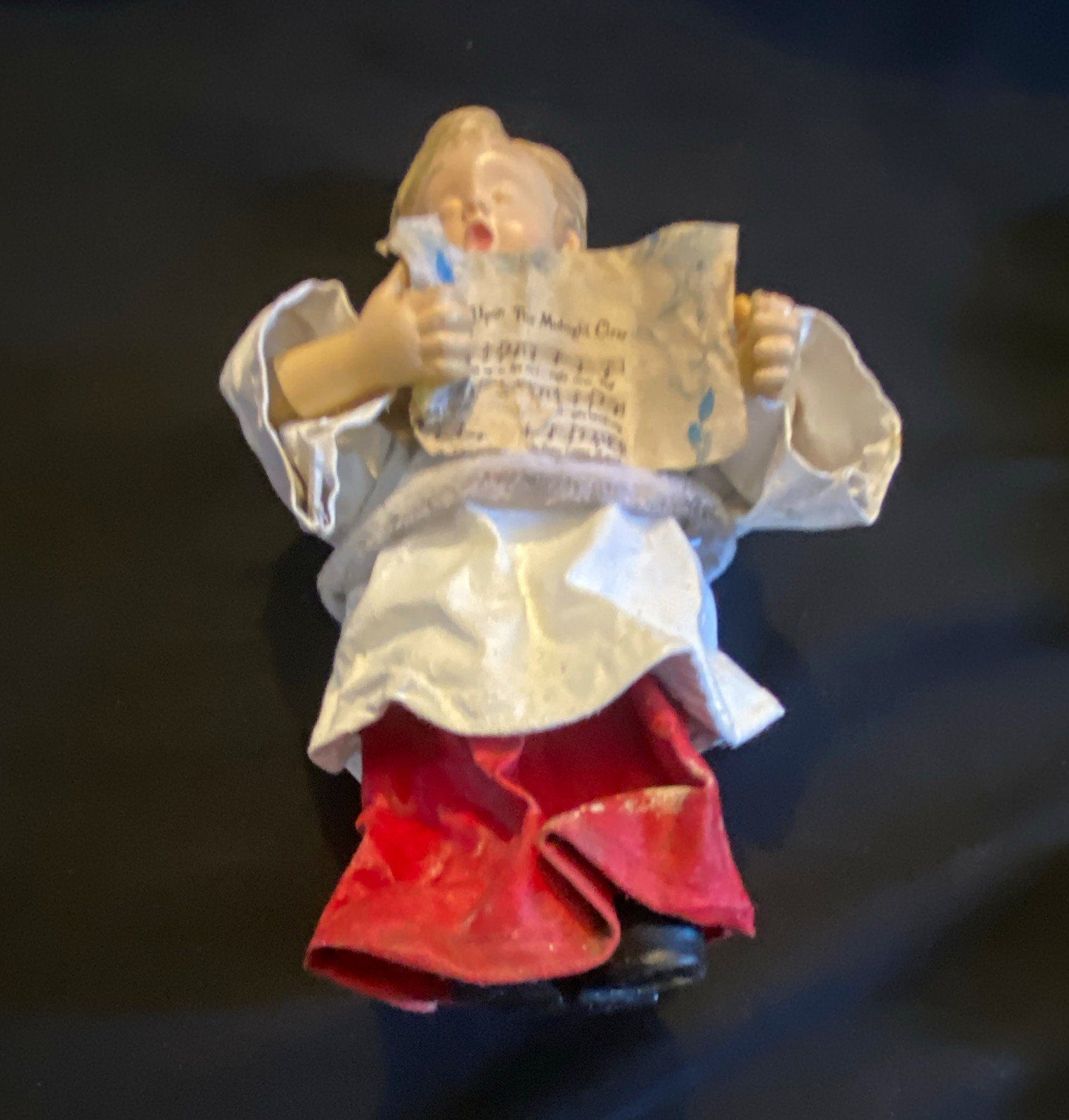 Christmas Angel Figurine Holding Sheet Music Textured Fabric/Plastic Red White