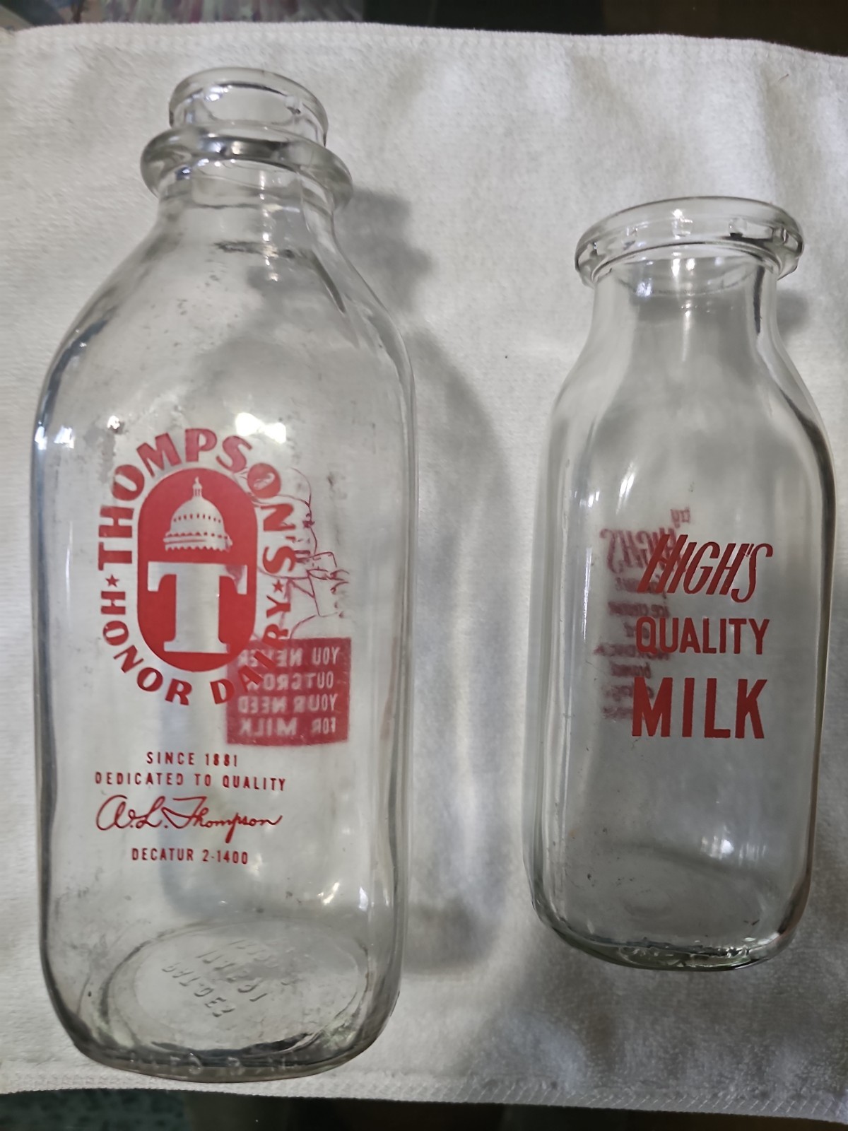 Vintage Thompson’s Honor Dairy & High’s Dairy Glass Milk Bottle Lot...