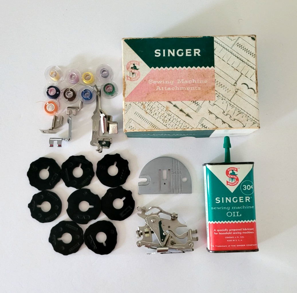 VTG Lot Singer Sewing Machine Parts Oil Can Cams Discs Ruffler Foot Hem Foot