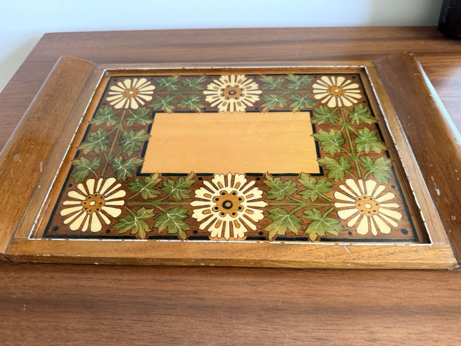 VTG Antique 1900s Art Nouveau Wood Serving Tray Marquetry Inlaid Floral Daisy