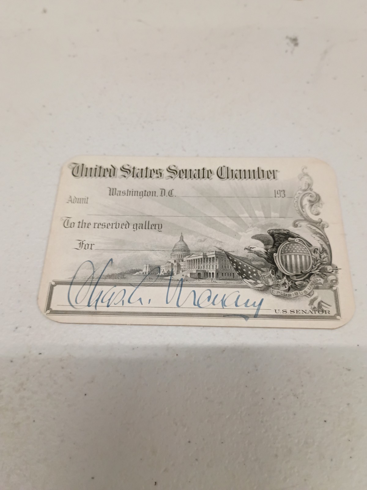 United States Senate Chamber Pass From 1930s Signed By Charles McNary From...