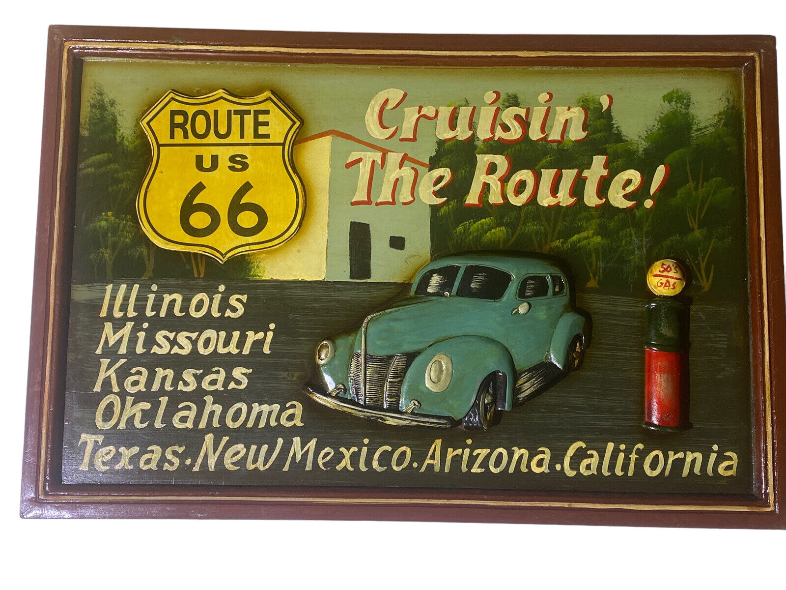 1950s US route 66 wall plaque wall sign 3d car, Pump, wall sign ~24”x~16” Vtg