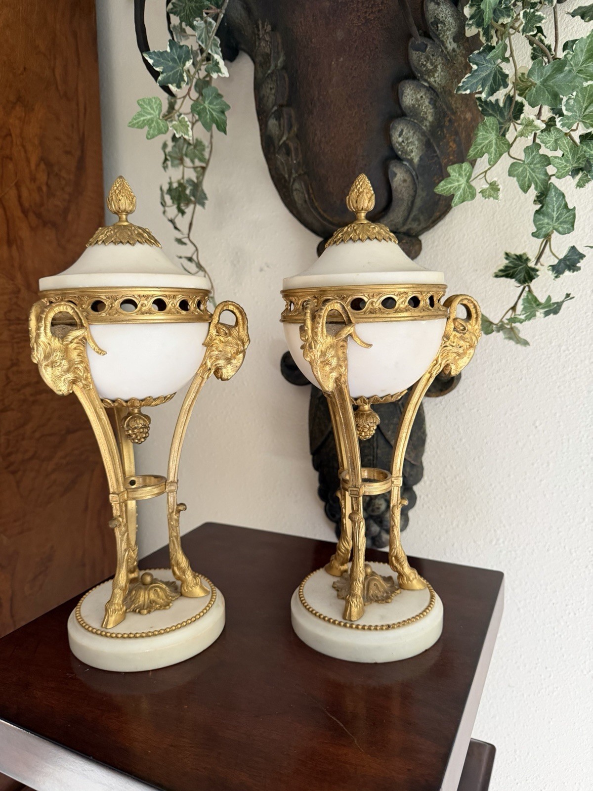 Pair Of Antique French Neoclassical Marble/Gilt-Bronze (ormolu) Cassolettes/Urns