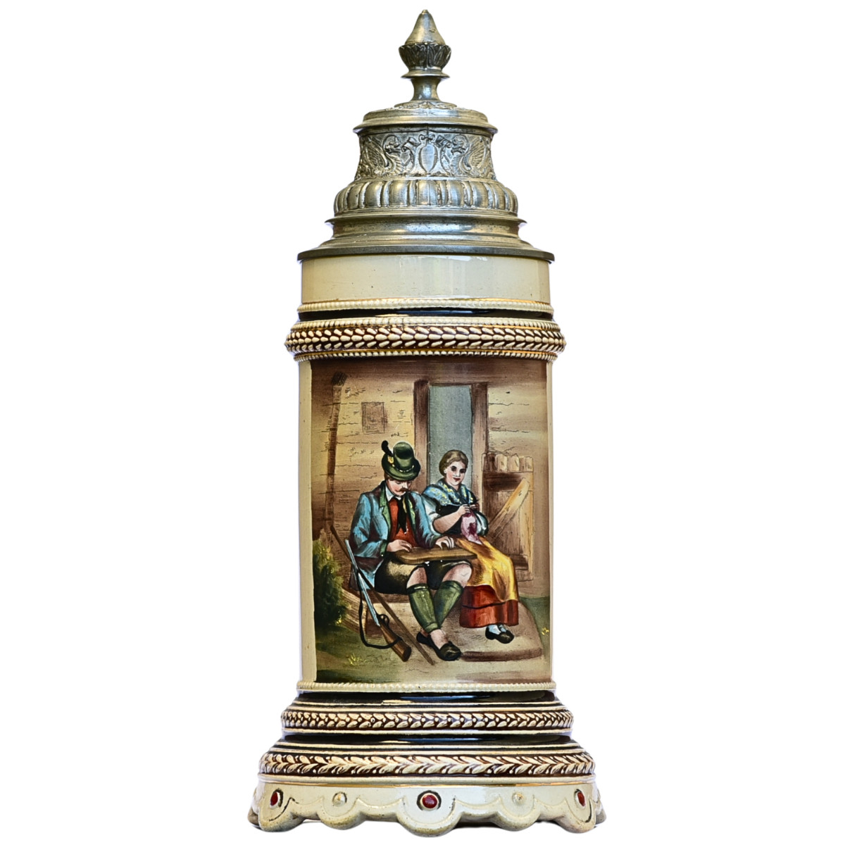 Antique German Beer Stein - Hunter | Hand-Painted * Pewter Lid * .5 L * Ca 1900 Antique German Beer Stein - Hunter | Hand-Painted * Pewter Lid * .5 L * Ca 1900