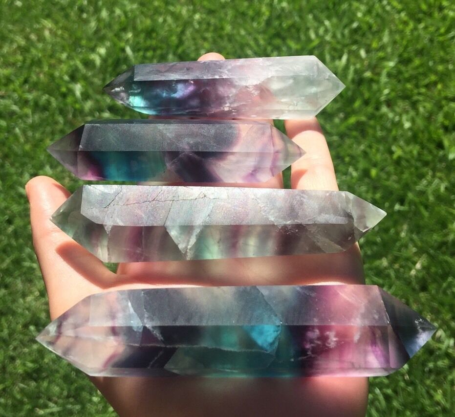 IMPRESSIVE LARGE SIZE RAINBOW FLUORITE Wand Green & Purple Faceted Point DT
