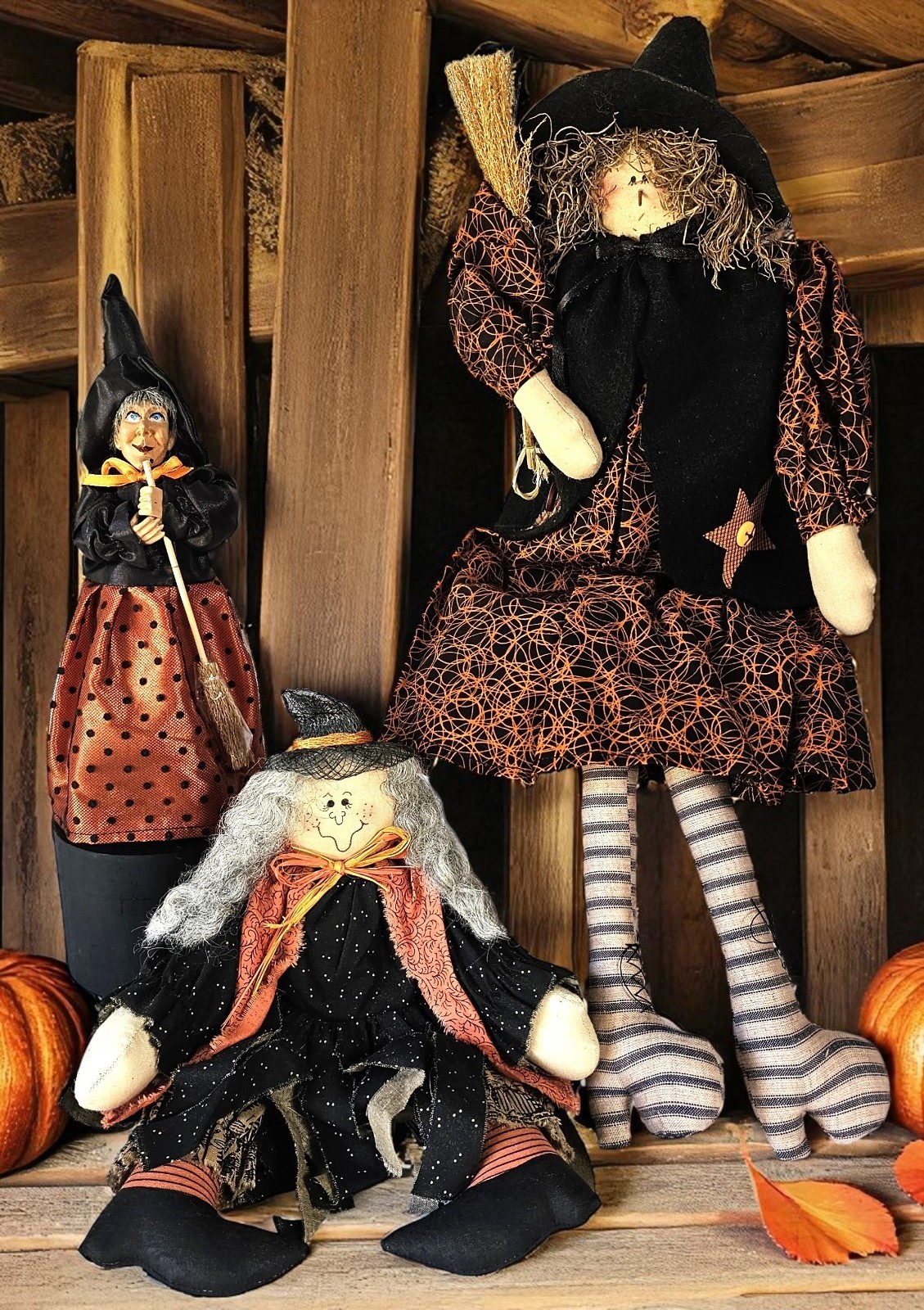 3 Halloween Witch Dolls - 1  Shelf Sitter, 1 Rag, 1 Tree Topper - Excellent
