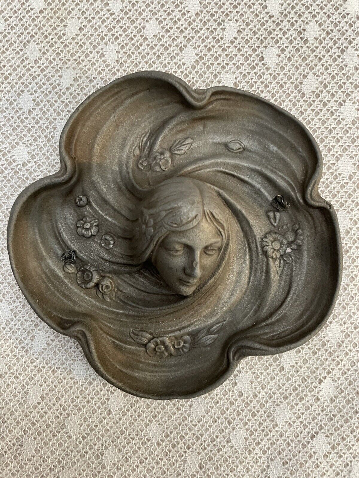 1900\'s Art Nouveau Metal Dresser Tray ~ Detailed Female with Swirling Long Hair