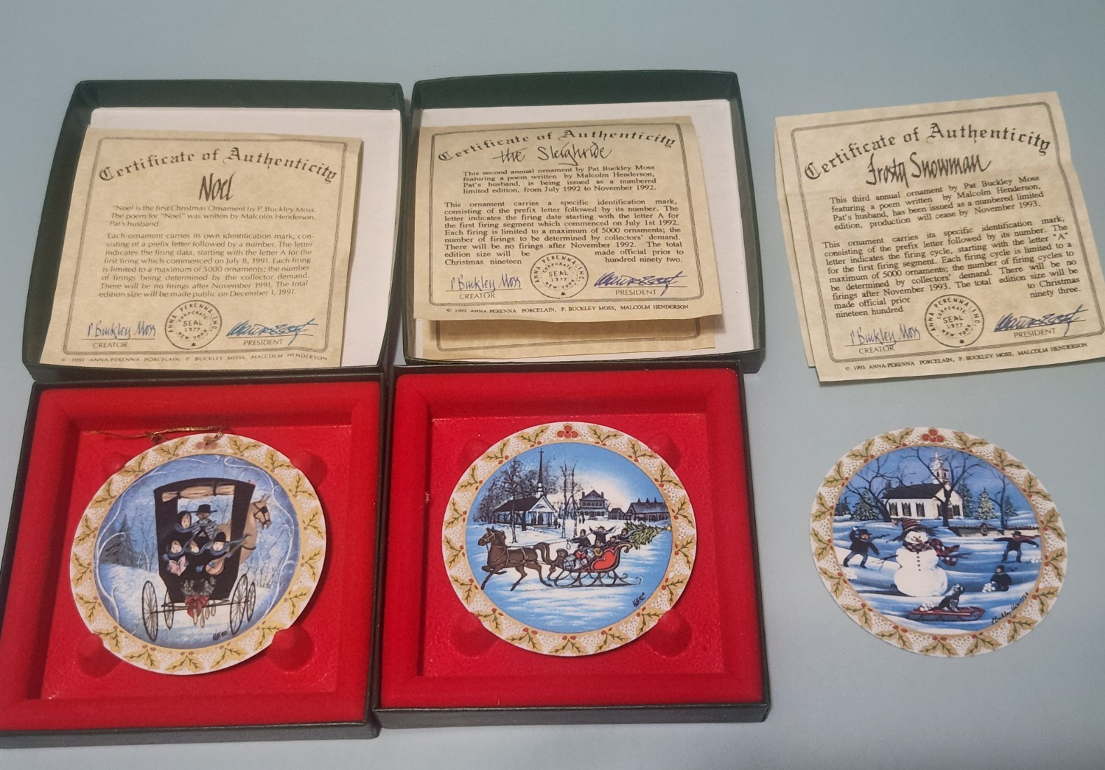 Set of 3 P Buckley Moss Ceramic Christmas Ornaments with Certificates Two in Box Set of 3 P Buckley Moss Ceramic Christmas Ornaments with Certificates Two in Box