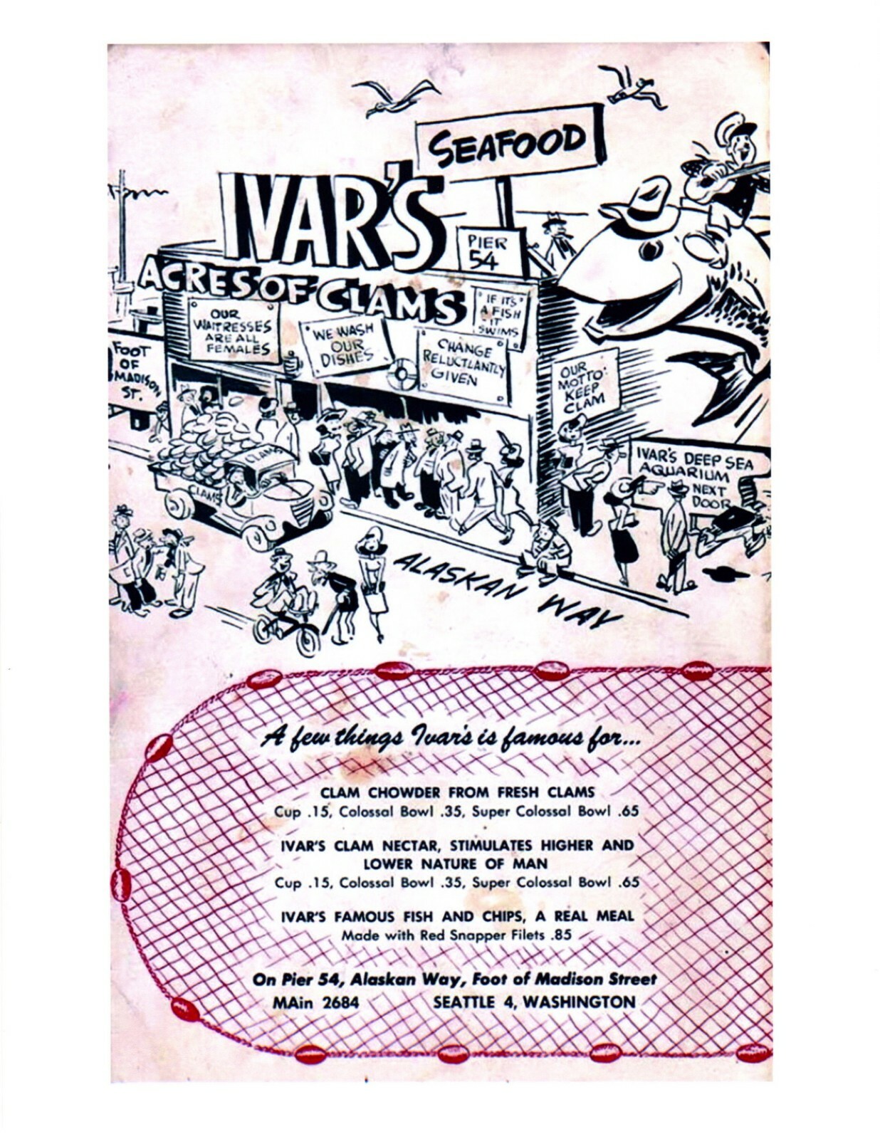 1950'S  IVAR'S SEAFOOD SEATTLE MENU 8.5X11 GLOSSY REPRINT  VINTAGE