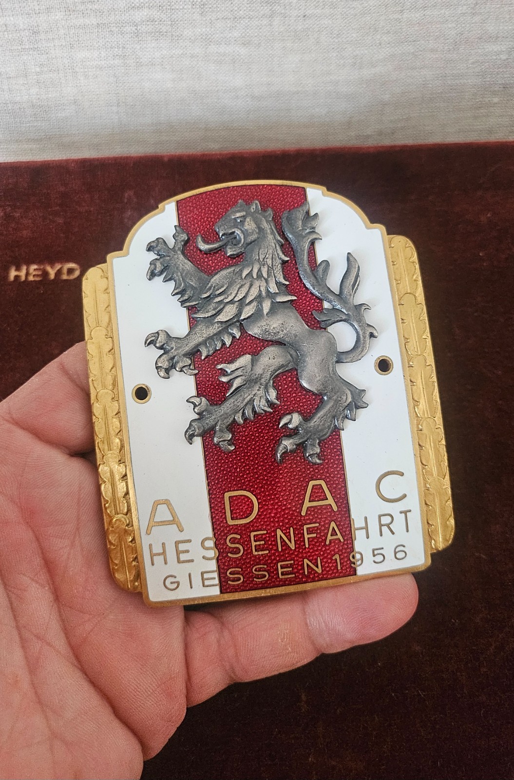 VINTAGE ENAMEL AUTOMOBILE CAR RADIATOR BADGE # ADAC RALLY GIESSEN HESSEN 1956