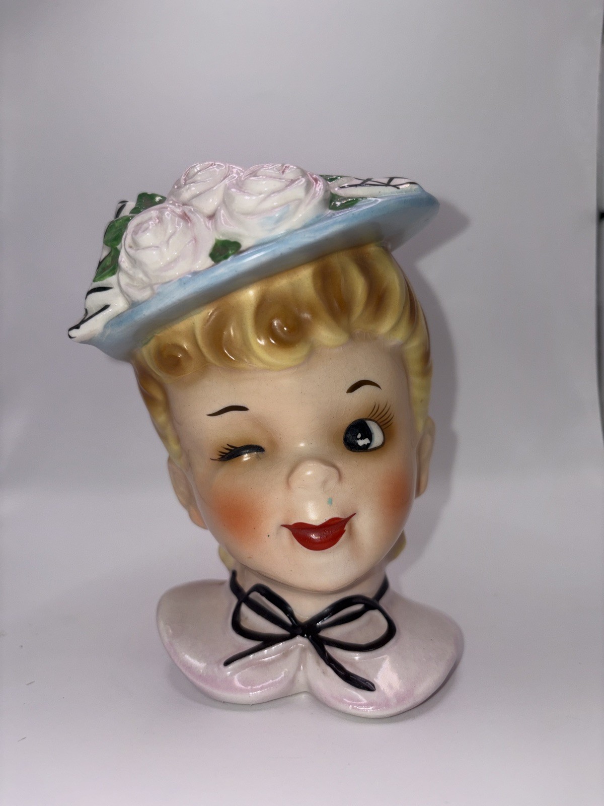 ENESCO Vintage Winking Lady Head Vase 1950s Pink Dress & Blue Bonnet w/ Flowers ENESCO Vintage Winking Lady Head Vase 1950s Pink Dress & Blue Bonnet w/ Flowers