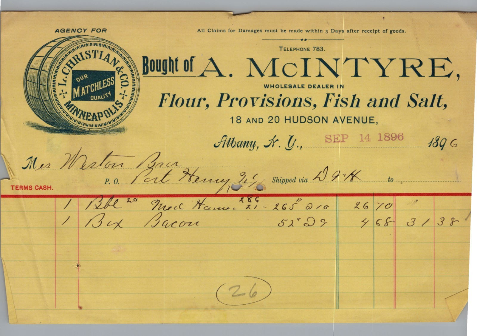 1896 Albany NY Grocery Billhead A McIntyre Flour Barrel Graphic Port Henry DH RR