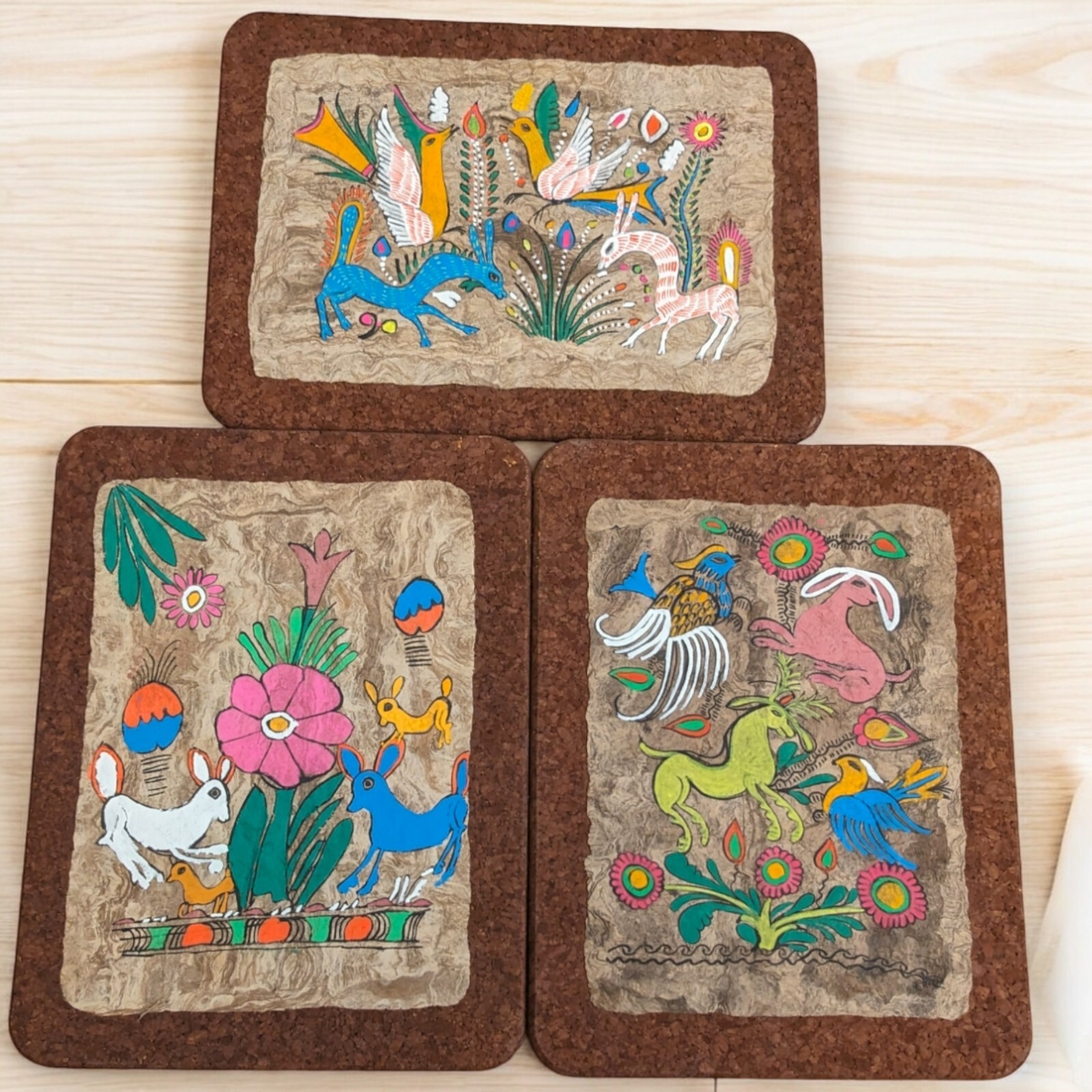 3 Vintage Mexican Amate Bark Paper Hand Painted Folk Art Neon Cork 3 Vintage Mexican Amate Bark Paper Hand Painted Folk Art Neon Cork