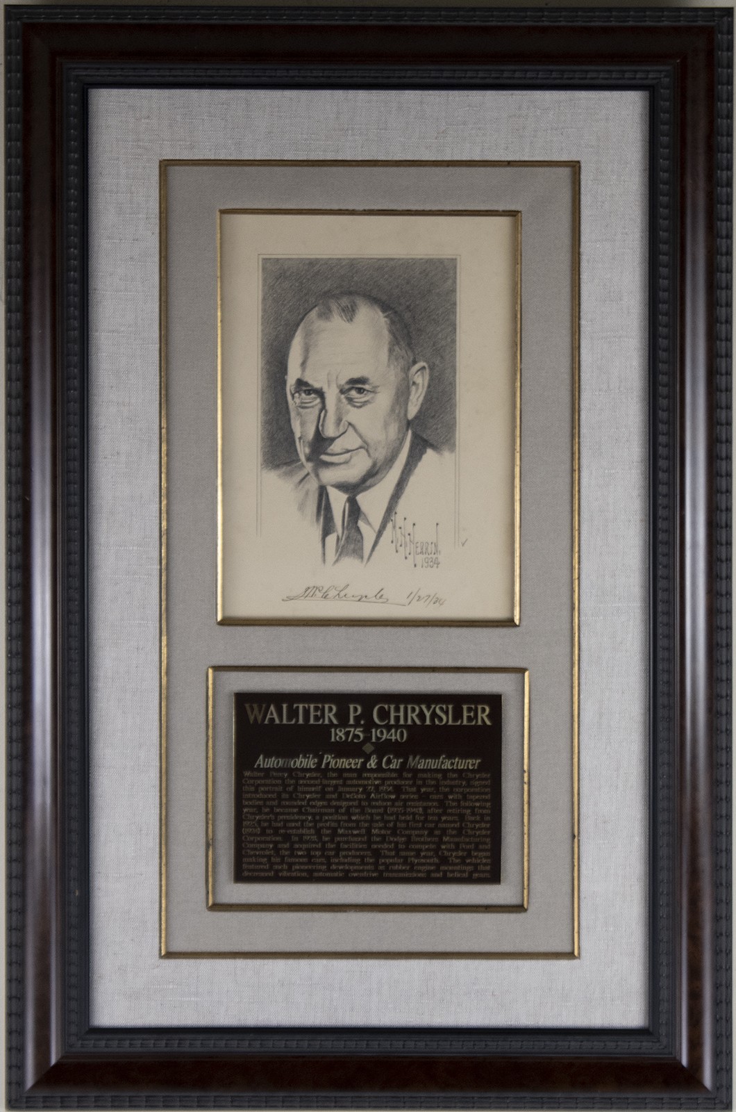 WALTER P. CHRYSLER SR. - PRINTED ART SIGNED IN INK 01/27/1934