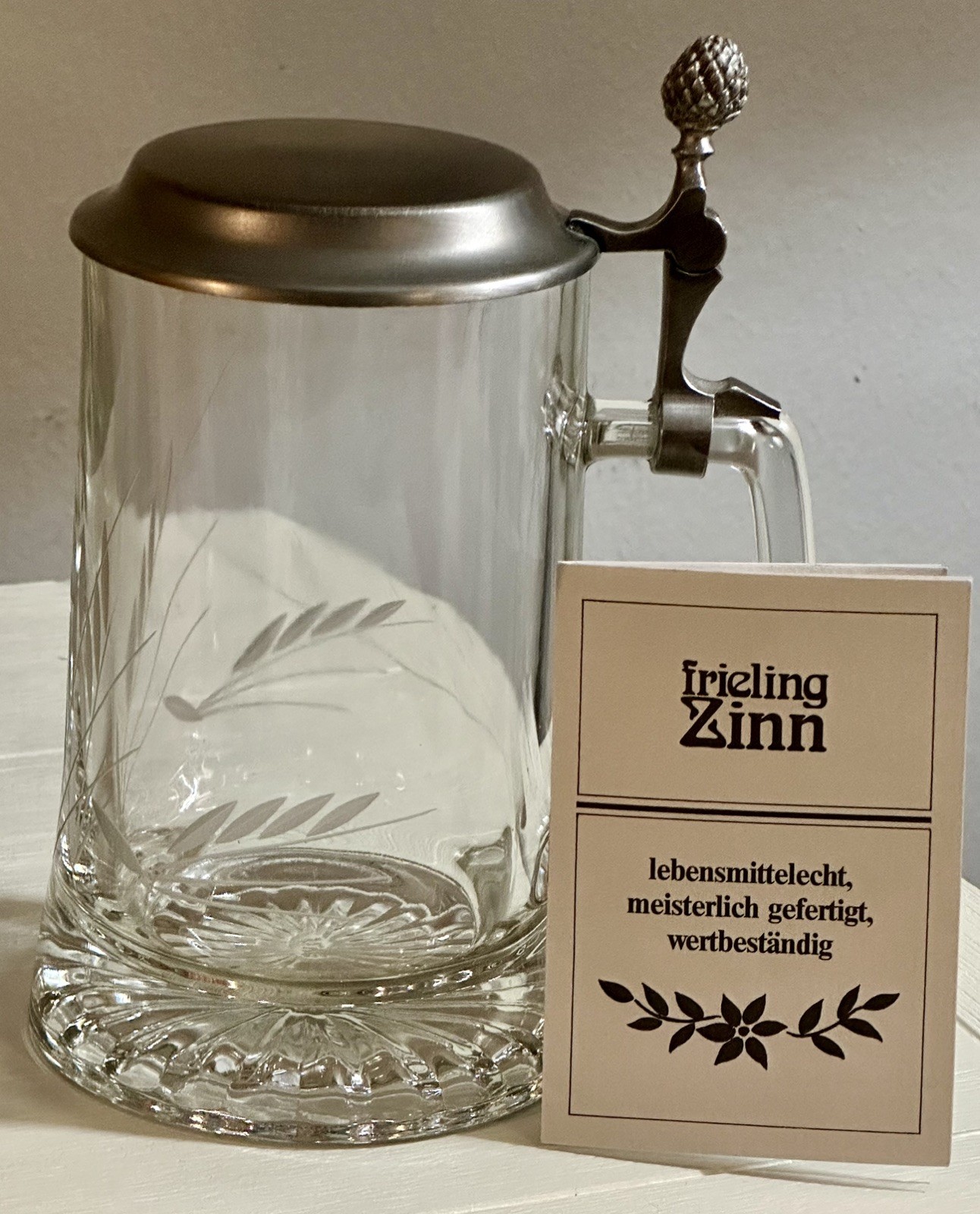 Vintage Frieling Zinn Glass Beer Stein Liebherr 1989 Engraved Pewter Lid Germany