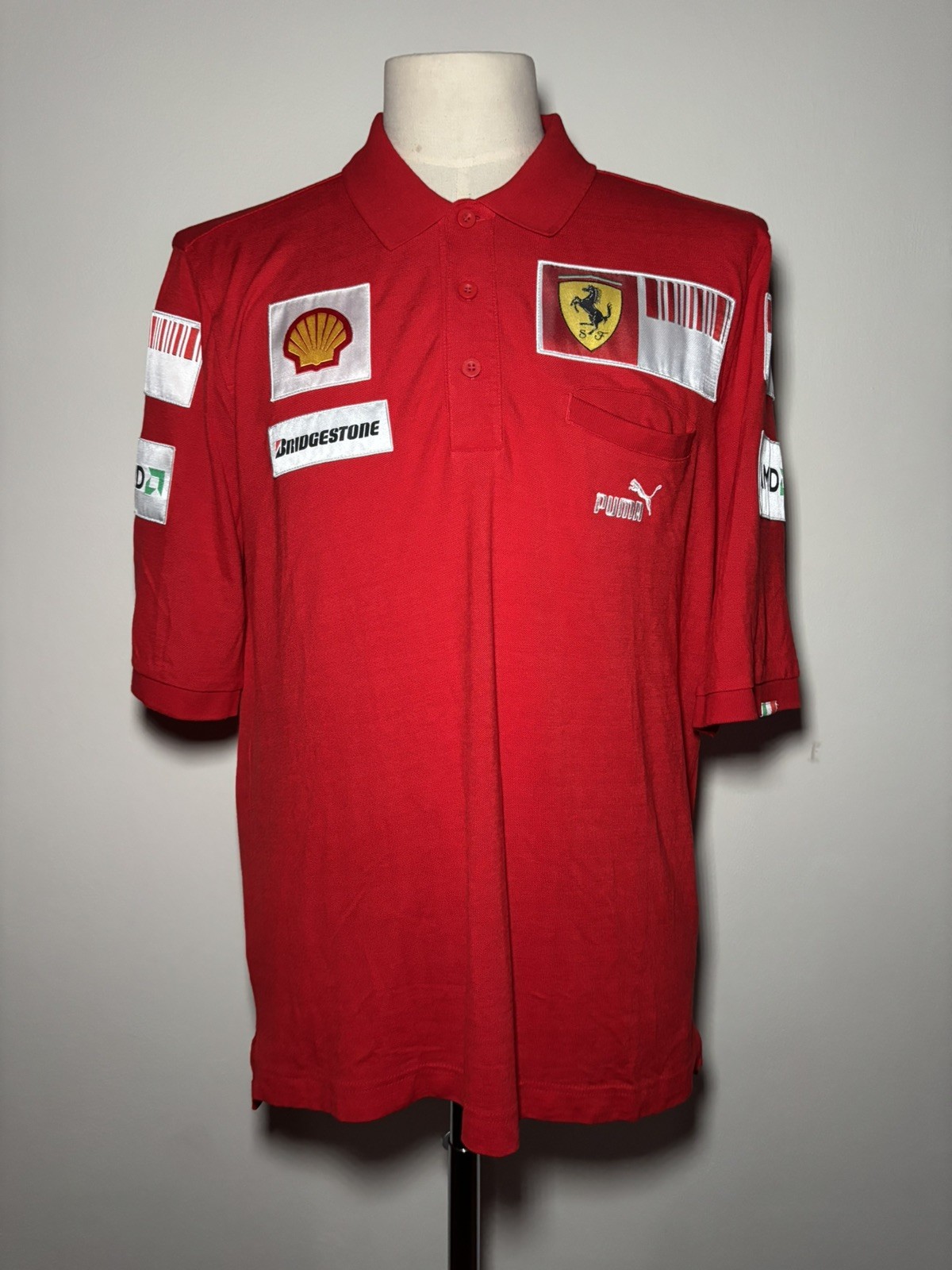 PUMA Ferrari Polo Men\'s L Red Short Sleeve with Logos/Patches and Pockets