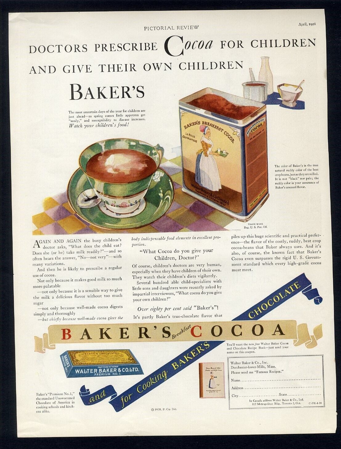 BAKER'S COCOA 1928 Magazine Ad Doctors Prescribe for Children Chocolate Drink