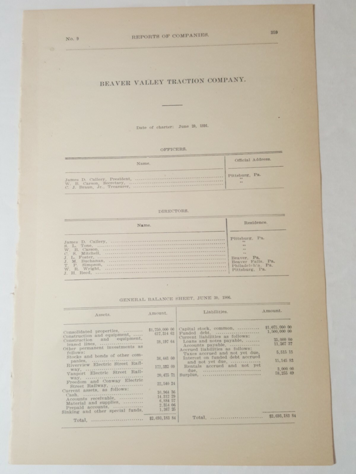 1906 electric streetcar document BEAVER VALLEY TRACTION CO. Pennsylvania trolley