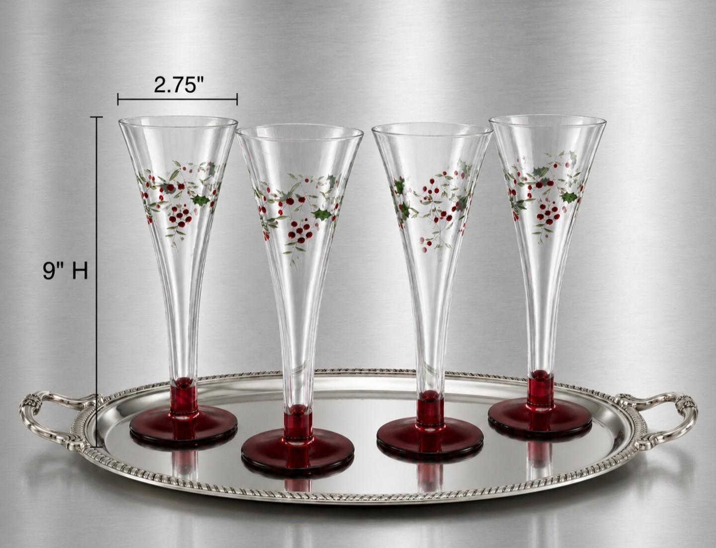 PFALTZGRAFF Flut Winterberry Set Of 4 Glassware set, Green Holly/Red Berries PFALTZGRAFF Flut Winterberry Set Of 4 Glassware set, Green Holly/Red Berries