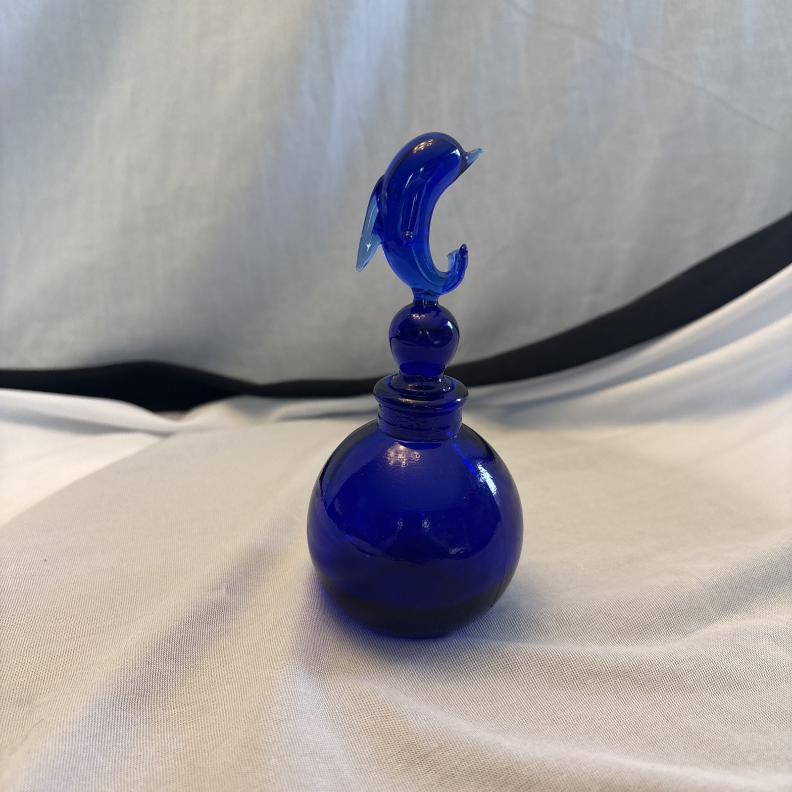 Vintage Cobalt Blue Glass Perfume Bottle Dolphin Stopper Vanity Art from UK Vintage Cobalt Blue Glass Perfume Bottle Dolphin Stopper Vanity Art from UK