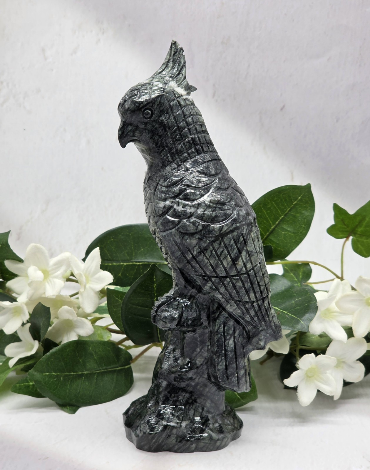 Large Natural Jasper Parrot Carving, 7.5” Hand Carved Cockatoo Bird Sculpture