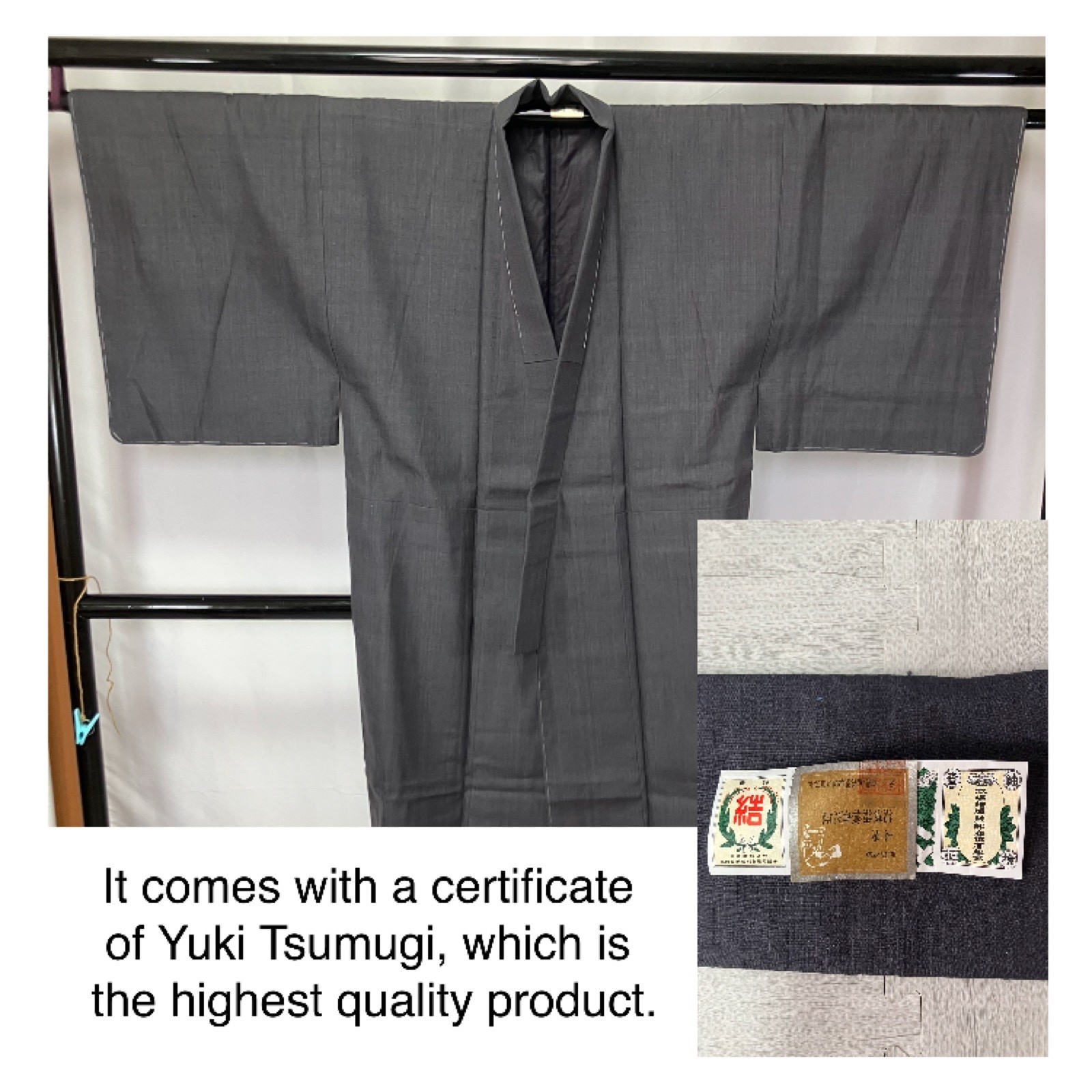 Used Japanese  Men’s Kimono /Bluish gray Yuuki Tsumugi /good condition/I095
