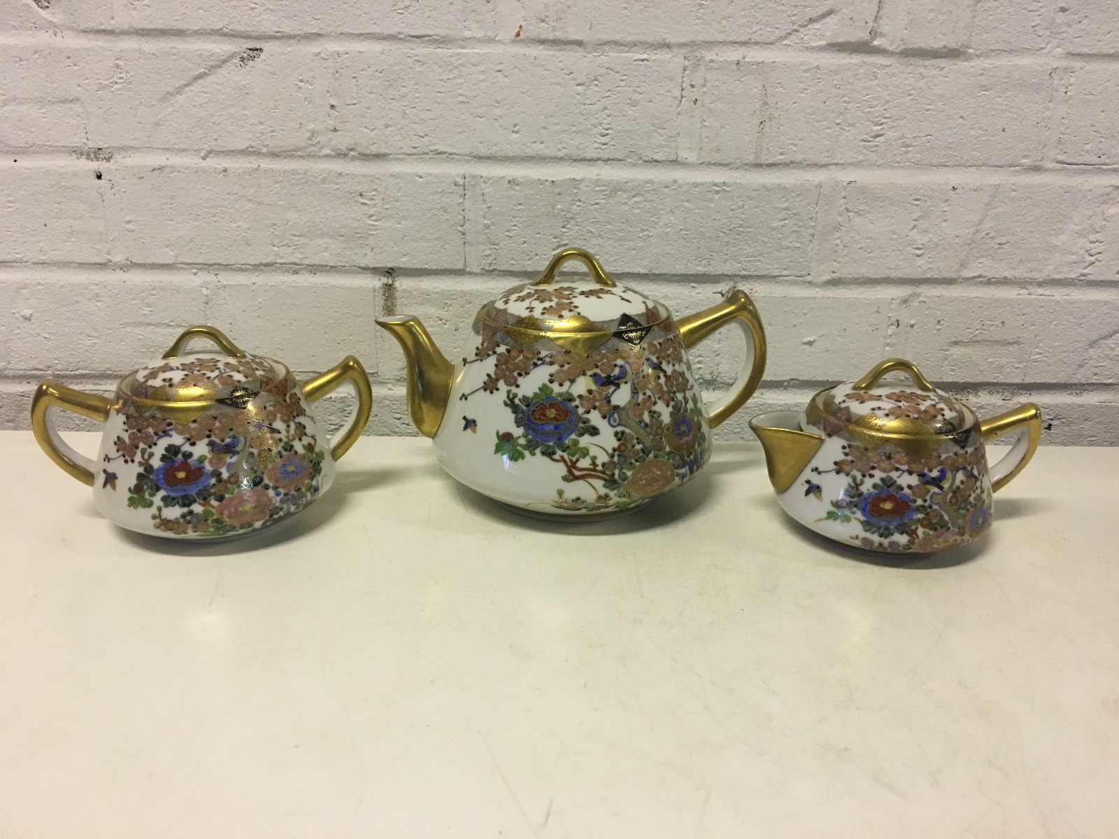 Vtg 3 Piece Japanese Satsuma Signed Porcelain Tea Set w Floral & Bird Decoration